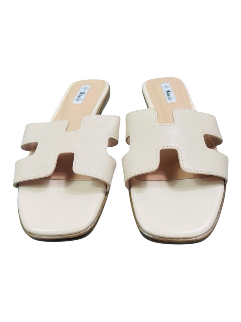 Cream H-Cutout Faux Leather Slide Sandals